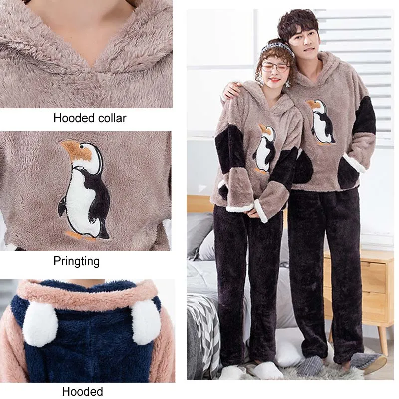 Пижама унисекс для взрослых; теплая зимняя домашняя одежда для мужчин; Пижама с капюшоном; комплект из 2 предметов; Симпатичная Мужская одежда для сна с героями мультфильмов