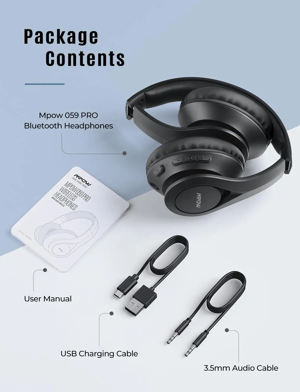 Mpow 059 Pro Wireless Headphone Bluetooth 5 0 Over Ear Headphones with Built in Mic 60Hrs Playing Time for Office Online Class