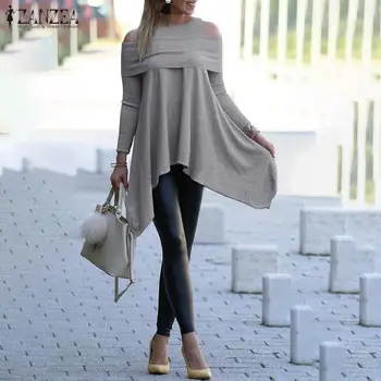 

2020 Fashion Hollow Out Shoulder Shirt ZANZEA Women Asymmetrical Hem Tops Blouses Tunic Knitwear Pullovers Blusas Chemiser Mujer