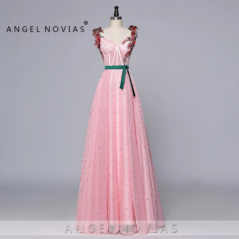Angel Novias длинные настоящие розовые кружевные жемчужины арабские Длинные вечерние платья без рукавов платье 2019 с цветами выпускное платье