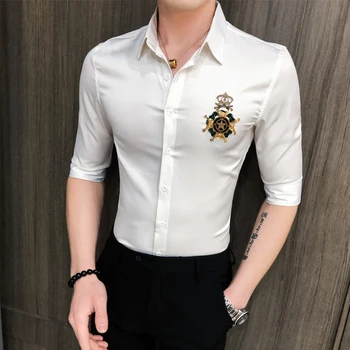

Blouse Men Personality Print Short Sleeve Slim Shirt Male Casual Wild Solid Color Top Spring New Black White 2020