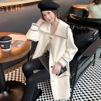 

Women 2020 New Autumn Spring Imitated Mink Cashmere Coat Female Casual Loose Soft Wool Coats Ladies Knit Sweater Outerwear G33