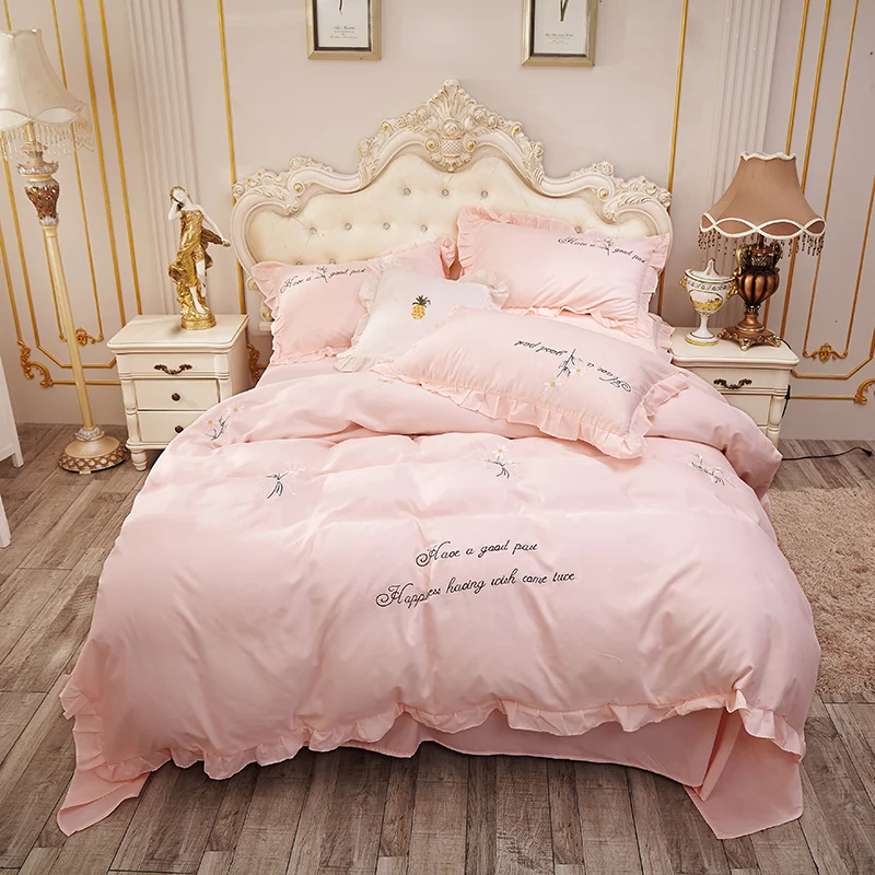 

Princess Style Denim Dormitory Quilt Three-Piece Suit-Style Linen Quilt People Bedding Bed Skirt