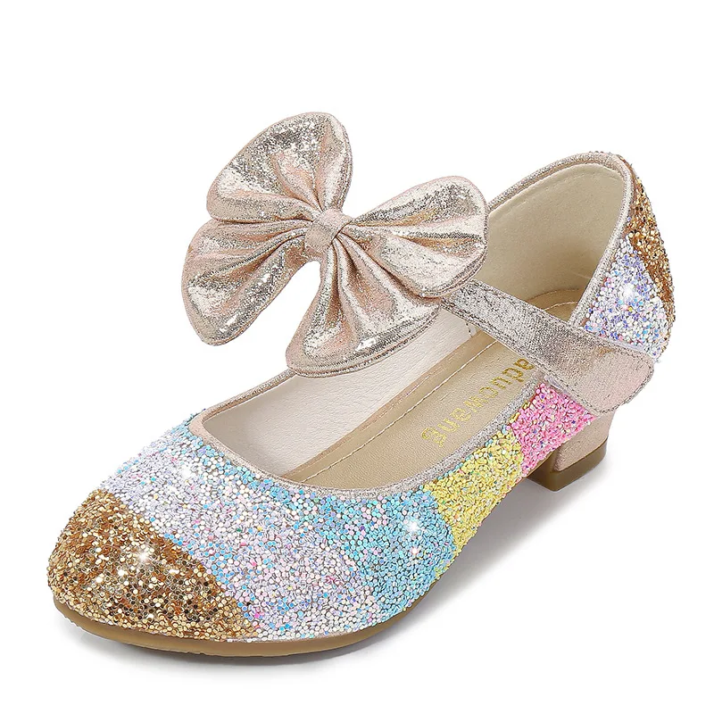 Girls' Leather Shoes Princess CHILDREN'S Shoes round-Toe Soft-Sole Big girls High Heel Princess Crystal