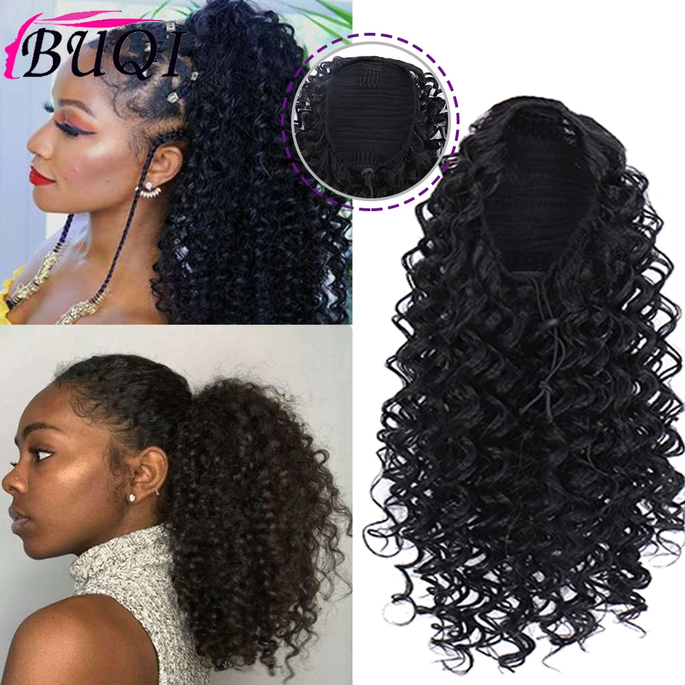 

BUQI" Drawstring Afro Curly Ponytail Synthetic Hair Bun Chignon Hairpiece For Women Clip in Hair Extension