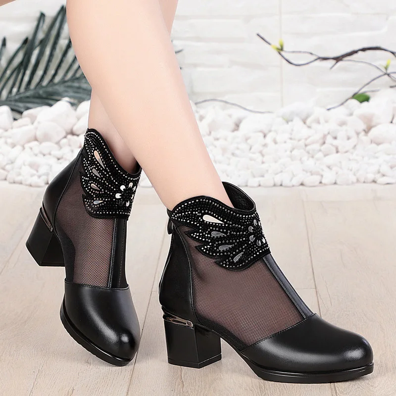 

2019 Spring Summer New Style Chunky-Heel Semi-high Heeled Women's Net Boots Large Size WOMEN'S Shoes Sandal Boots round-Toe Shoe