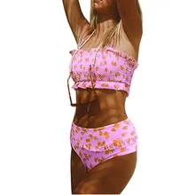CC& TT Женский цветочный принт с открытыми плечами Высокая талия Купальники рюшами с рюшами комплект бикини из двух частей