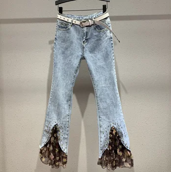 

Flare Jeans Women's 2020 New Spring Autumn Slim-Fit Bell-Bottoms Beaded Floral Print Cropped Pants Jean Pants Girls Ladies Jeans