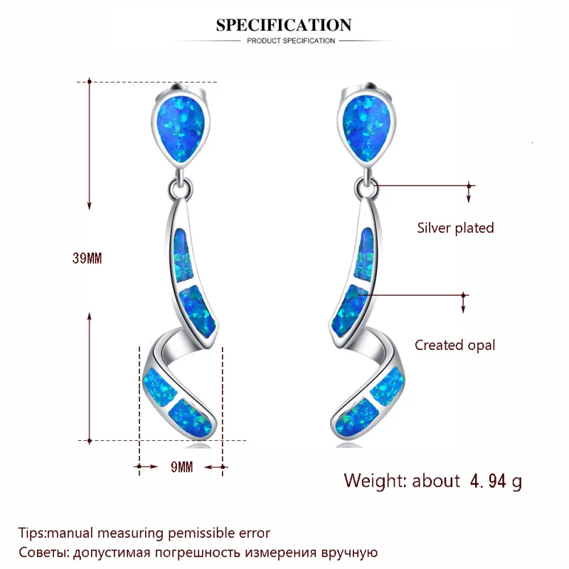 ROLILASON Ренессанс изогнутой формы синий огненный опал серебряный штамп для женщин ужин подарок модные серьги с подвесками ювелирные изделия OE713