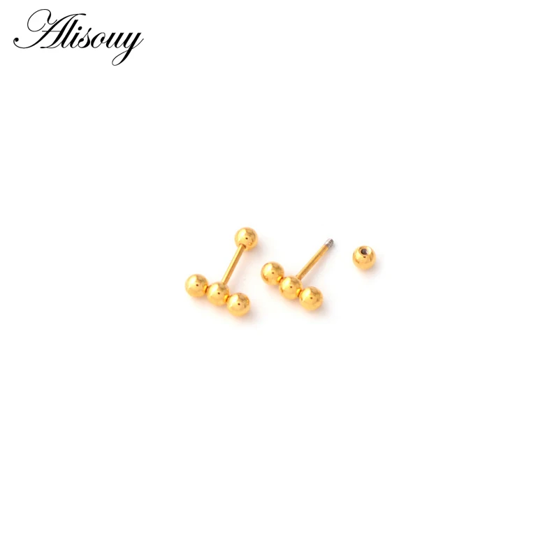 Alisouy 2pc Fashion Simple Multi Small Balls T bar Stud Earrings for Women Punk Stainless Steel Black/Gold/Silver color Ear Stud