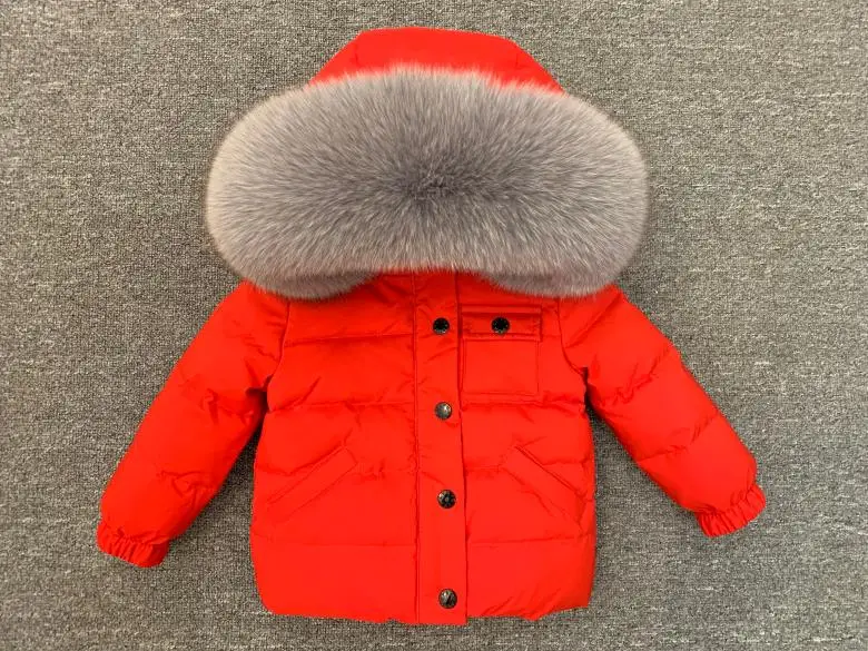 Лидер продаж, пуховые парки с большим натуральным меховым воротником в русском стиле, плотные пуховые пальто Детская одежда черного цвета с серым мехом - Цвет: red gray fur