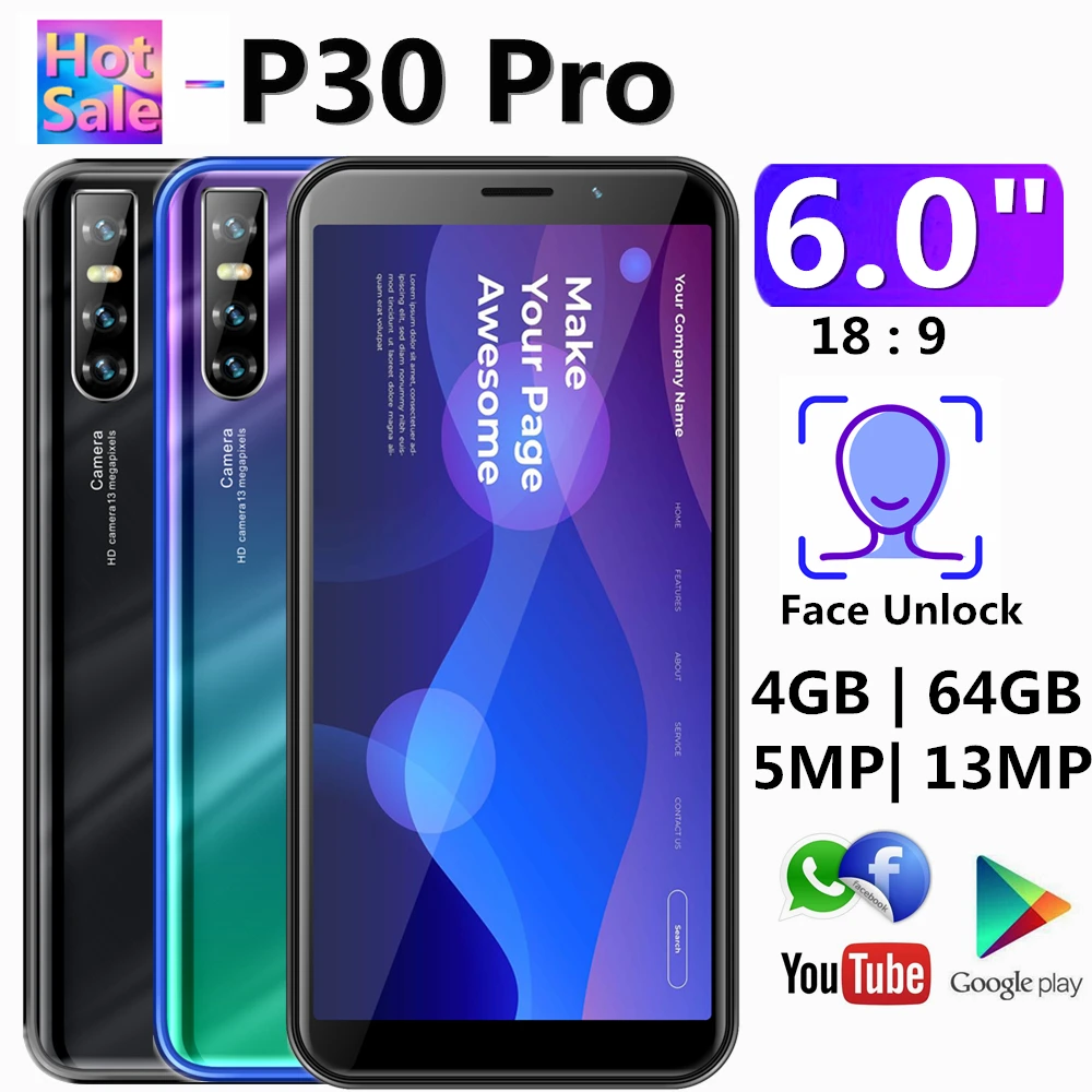 

Original Smartphones P30 Pro Android Phone 13MP 4G RAM 64G ROM celular HD 720P Quad core cheap mobile phones unlocked P35 MINI