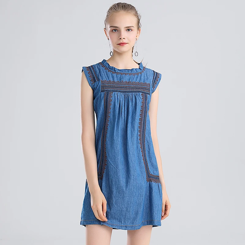 Свободное джинсовое платье без рукавов в национальном стиле; Vestidos Invierno Mujer; синее летнее платье с вышивкой; ropa mujer K2008