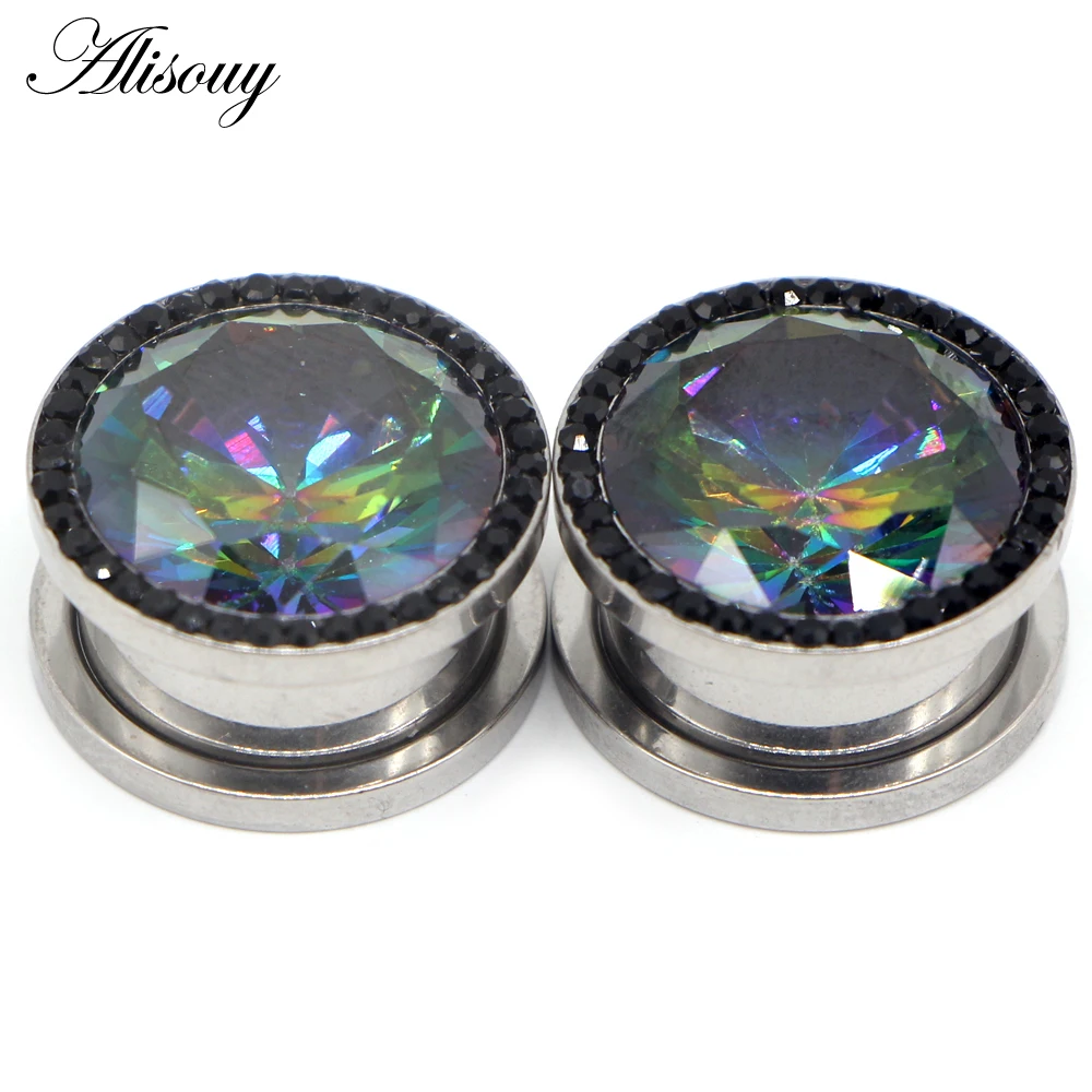 Alisouy 2pc Stainless Steel Top Quality Crystal Zircon Ear Tunnels Plug Screw Fit Colorful Ear Flesh Gauge Ear Expanders Jewelry