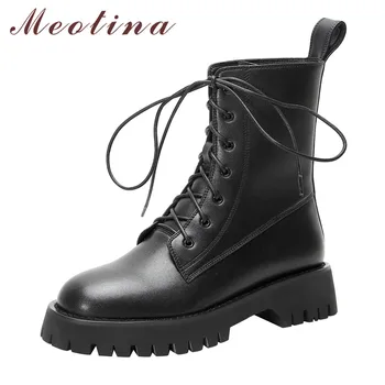 

Meotina Motorcycle Boots Women Shoes Real Leather Flat Platform Mid-Calf Boots Round Toe Lace Up Short Lady Boots Autumn Black