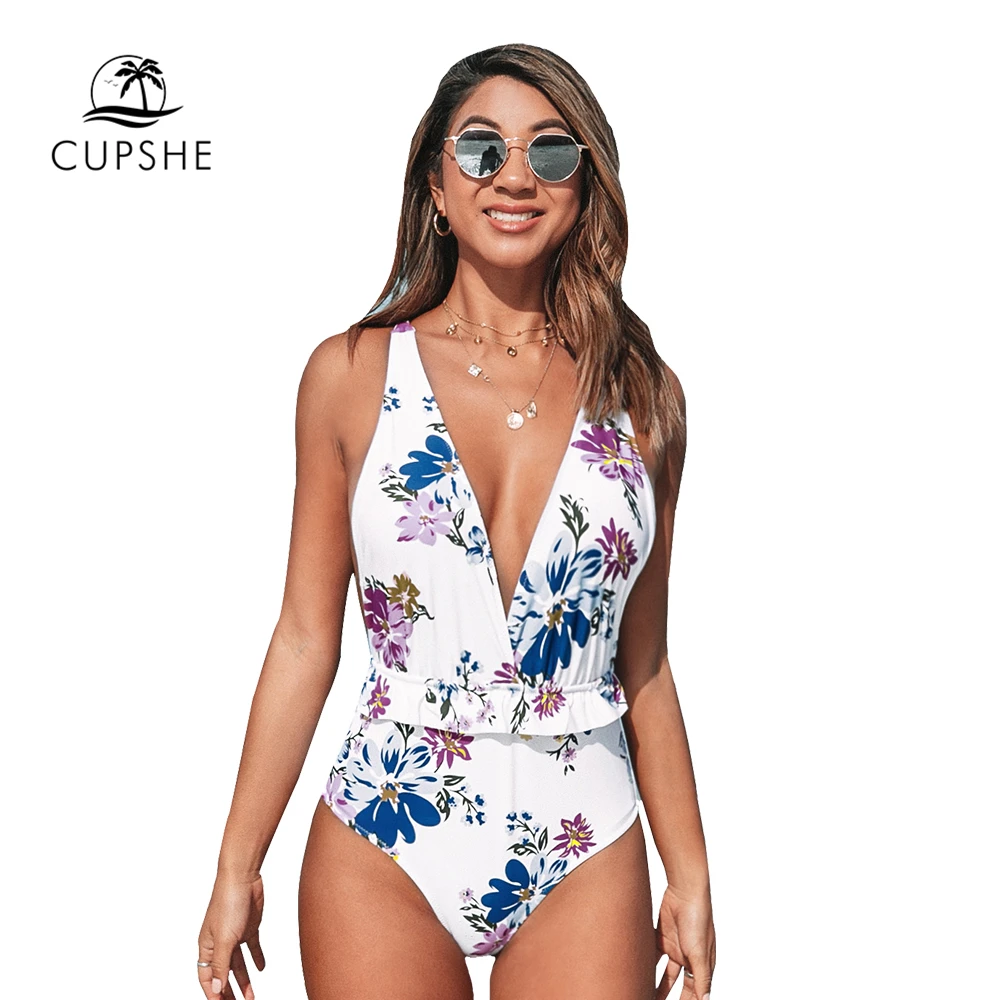 CUPSHE, Цветочный, с оборками, с глубоким вырезом, v-образный вырез, Цельный купальник, сексуальный женский Монокини,, для девушек, пляжные купальники, купальники
