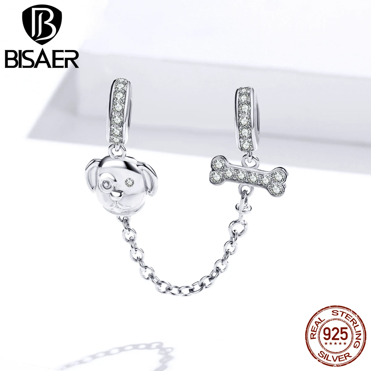

Safety Chain BISAER 925 Sterling Silver Cubic Zircon Dog Love Bone Safety Chain Beads Charms fit Bracelets DIY Jewelry ECC1434