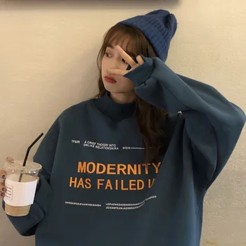 

Women Warm Sweatshirt Oversize Letter Print Thick Sweatshirt Korean Style Round Neck Long Sleeve Pullover For Women Autumn