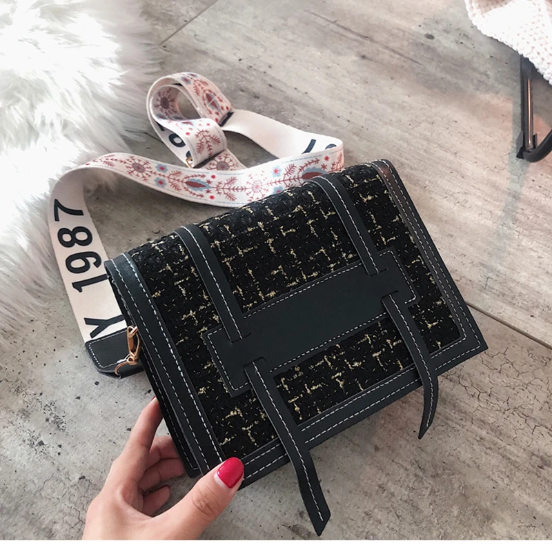 

Woolen Shoulder Bag Wide Shoulder Strap Lattice Hit Color PU Crossbody Bag 2019 Autumn and Winter New Fashion Women Bag