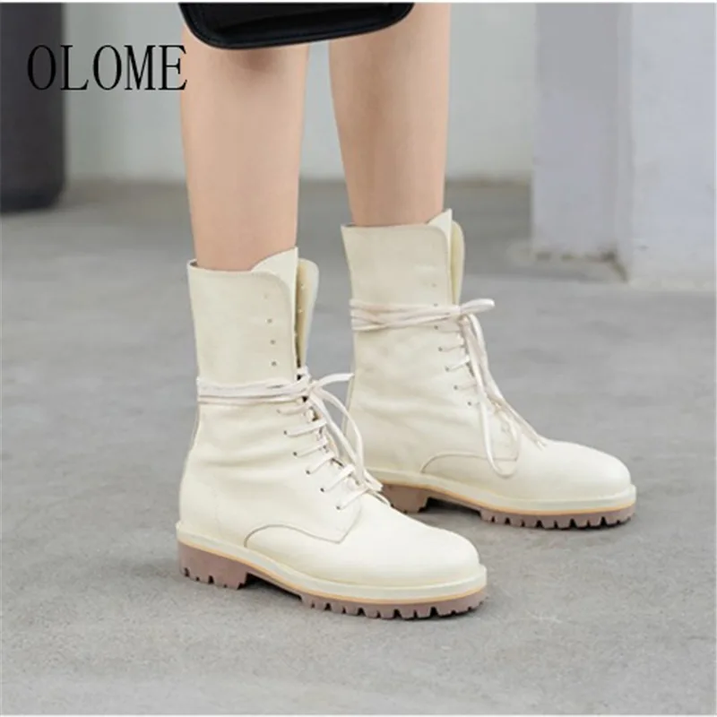 

OLOME New Fashion Black White Women Ankle Boots Round Toe Lace Up Chunky Low Heel Women Autumn Winter Boots Shoes Woman