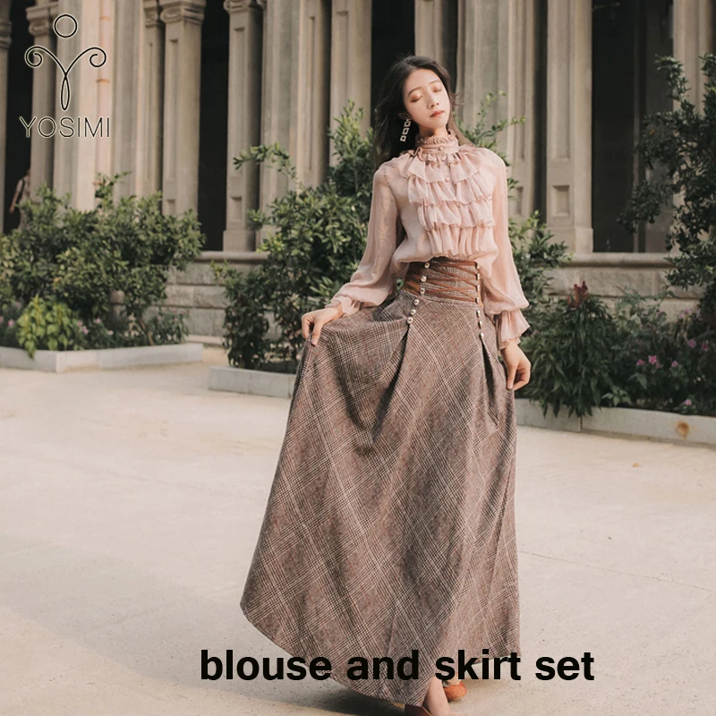 blouse skirt set YOSIMI осень зима длинный рукав блузка Топ и шерстяная клетчатая юбка и топ набор костюм женский комплект из двух частей свитер юбка - Цвет: blouse skirt set