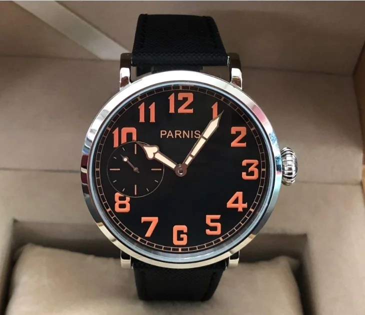 

46mm parnis Black dial orange numbers Asian 6497 17 jewels Mechanical Hand Wind movement men watch Mechanical watches p174-pp8