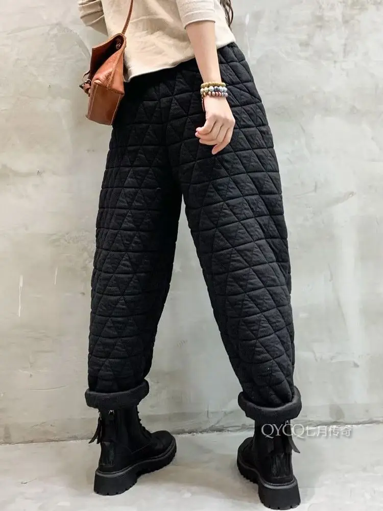 New Warm Harem Pants Casual Mom Plaid Trousers Snow Wear Cotton Thick Baggy Pant Elastic High Waist Sweatpants 2022 Winter