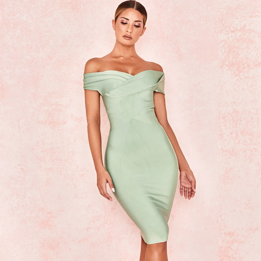 Новое Бандажное платье светло-зеленого цвета для женщин Vestidos, сексуальное летнее платье с открытыми плечами, бодикон, до середины икры, вечерние платья знаменитостей