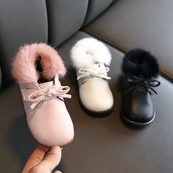 

2002 Cotton Children's Little Princess Shoes Girls Winter Warm Shoes Ankle Snow Boots Toddler Shoes Bow Waterproof Footwear Pink