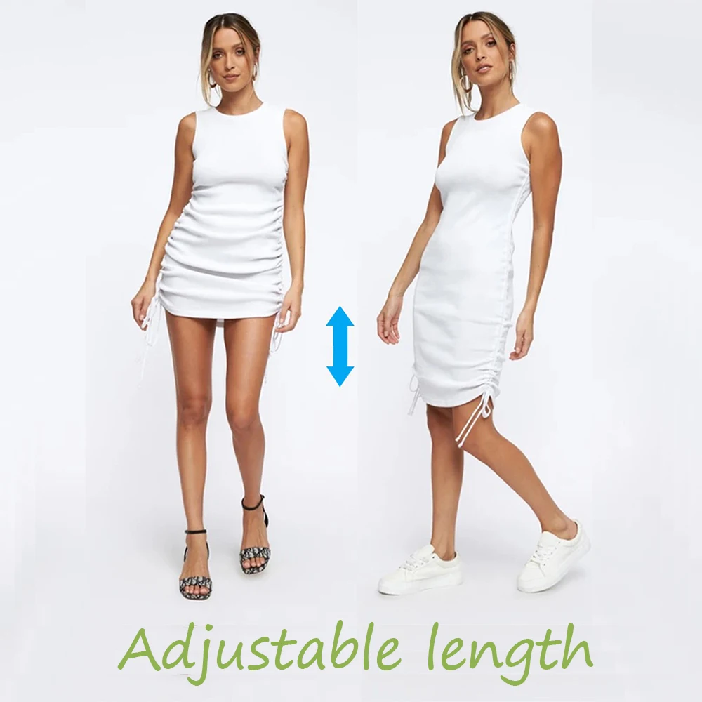 Minivestido Elástico para Mujer, Vestido Acanalado, Traje Ceñido al Cuerpo, Longitud Ajustable, Cuello Redondo, Conjunto Fruncido, Prenda Sexy para Verano, Ropa para Fiesta y Discoteca - Imagen 5
