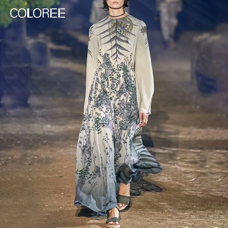 COLOREE, весенне-осеннее женское длинное платье, подиум, дизайнерское, цветочный принт, круглый вырез, длинный рукав, винтажное платье для женщин, Новинка