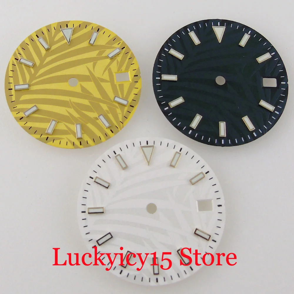 

Sterile Fit NH35A NH36A SKX SRP 29MM Bamboo leaf Printing Palm Gold/White/Green Watch Dial Green Luminous Index Date Window