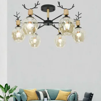 

Nordic post-modern glass chandelier simple creative personality living room dining room bedroom iron oak antler lamp