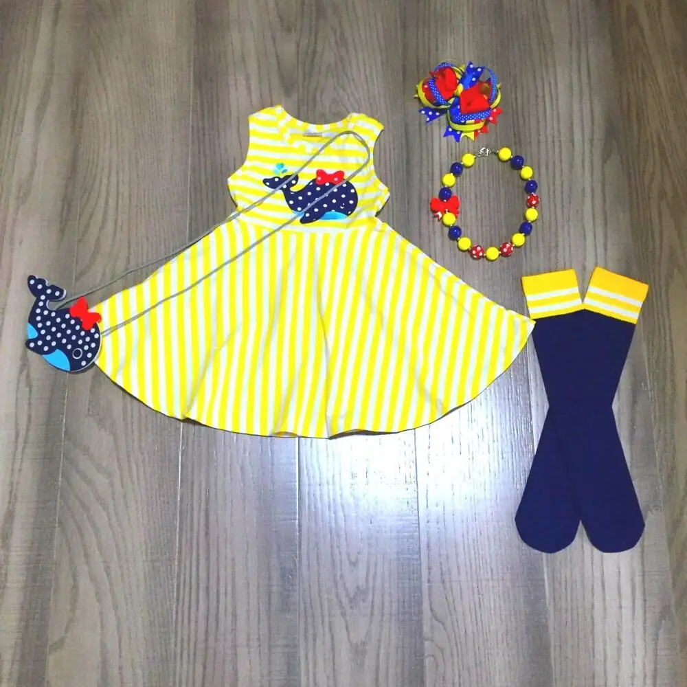 Summer Girls Whale Embroidered Yellow Dress with Sock Purse Bow and Neckalce | Детская одежда и обувь