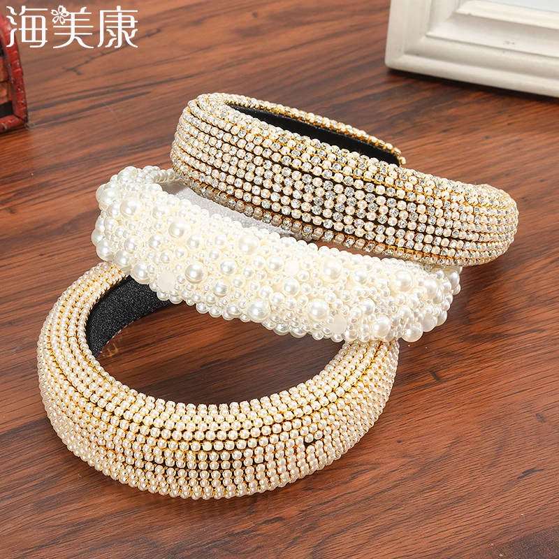 Haimeikang Gravel Beads Pearl Thick Sponge Velvet Hairbands Non-Slip Beaded Luxury Gorgeous Headband Fashion Hair Accessories