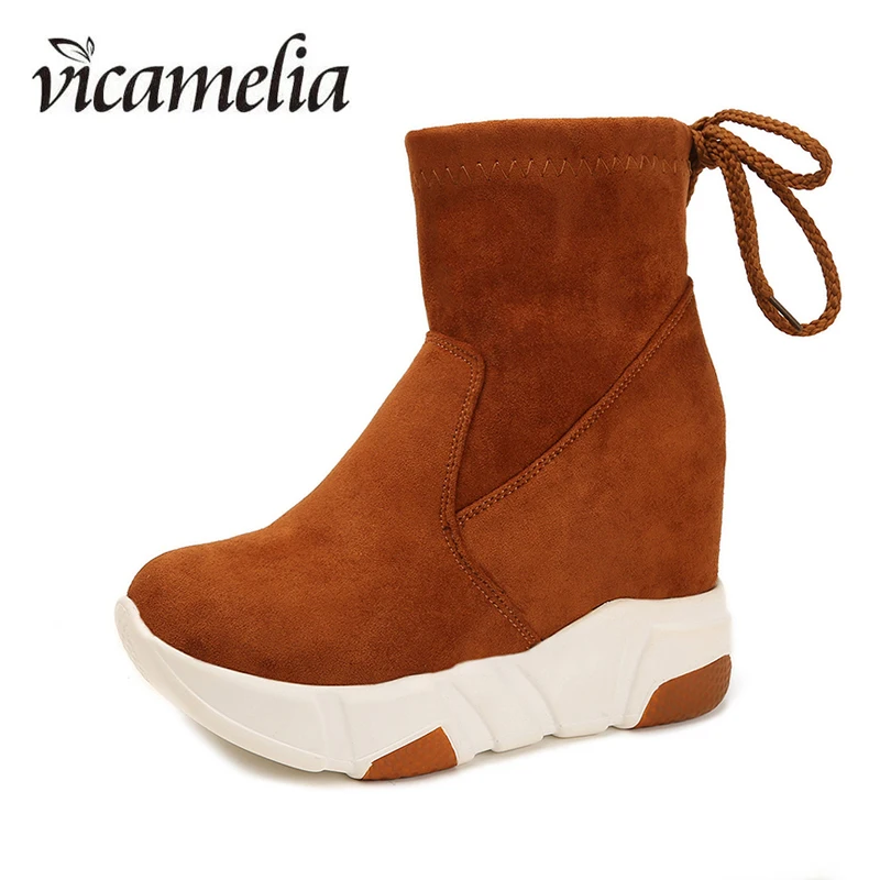 Vicamelia/женские ботинки г. Зимние Замшевые женские повседневные ботинки на танкетке, увеличивающие рост Размеры 35-39, женские ботинки до середины икры 414 - Цвет: Orange
