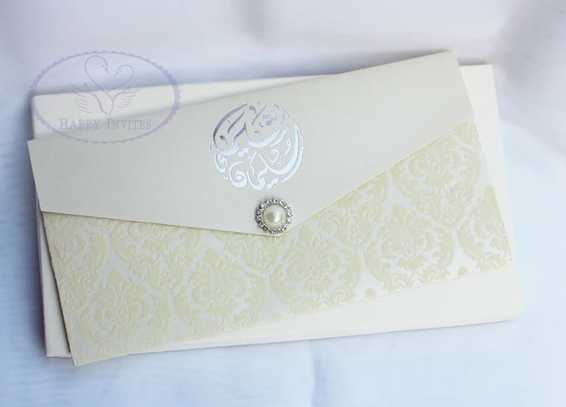 HI6009-34 Customized Flocked Wedding Card in Cream with Silver Foil Writing with Paper Box More Colors Available