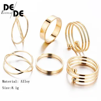 

6PCS/Set Unique Gold Color Alloy Rings Trendy Jewelry Retro Punk Finger Tail Toe Ring Mix Shape Wholesale Holiday Women Wearing
