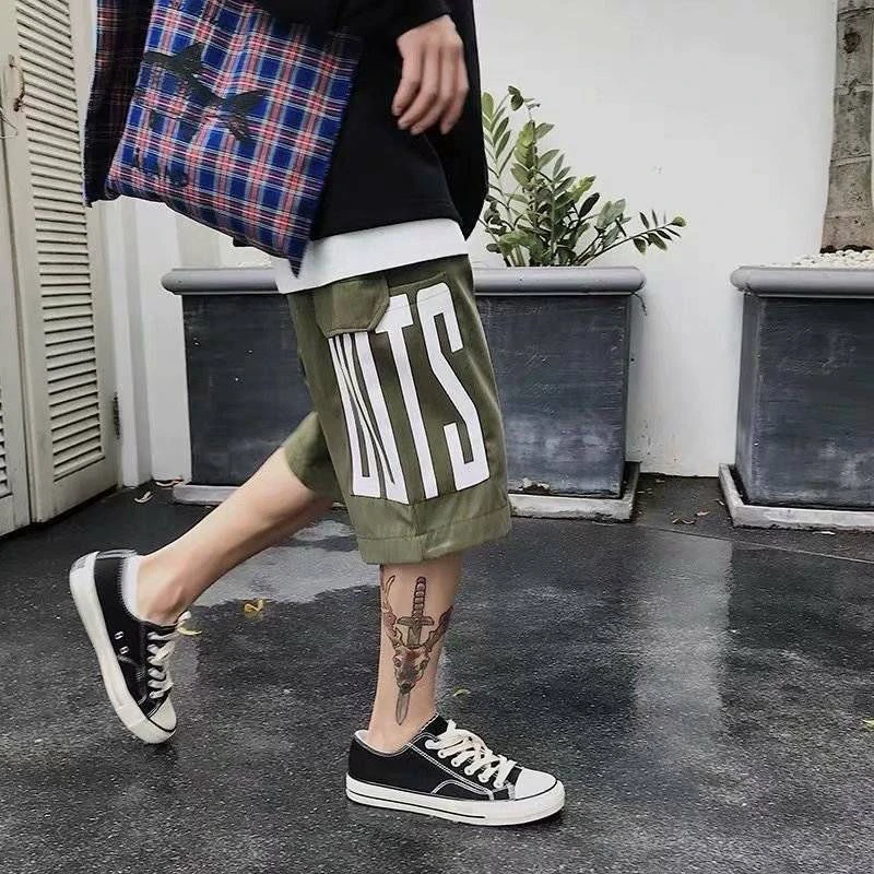 

streetwear Hip-hop Alphabet Over Knee Shorts Male Tide Five-point Pants Summer Sports Ins Tooling Loose Straight 5 Points Pants