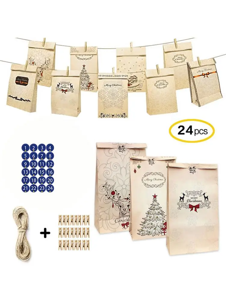 Christmas Gift Bags Calendar Paper Bags Reusable Candy Cookie Bread Storage Bag Christmas Decoration For Home Kids Gifts