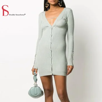

Autumn and Winter Women French Elegant Adjustable Drawstring Wool Blend V-neck Stretch Rib Knit Swetaer Dress