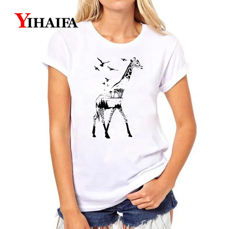 

Women T-shirt 3D Print Creative Giraffe Forest Animal Graphic Tee Casual Lady Summer White T Shirts Short Sleeve O-Neck Tops