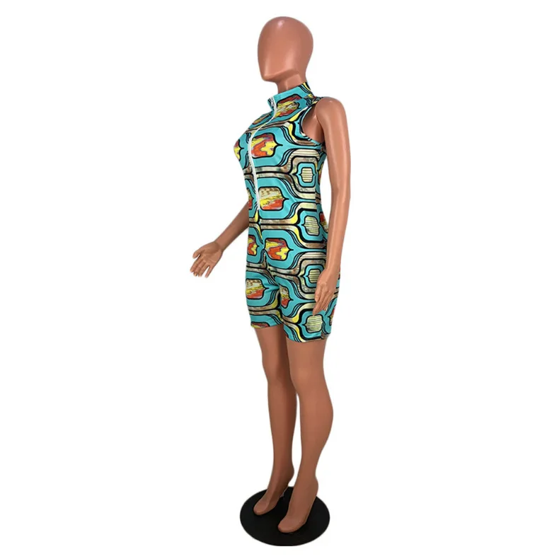 Kawail принт спереди молния Bodycon Женский костюмчик без рукавов короткий бандажный комбинезон летний отложной воротник цельный комбинезон