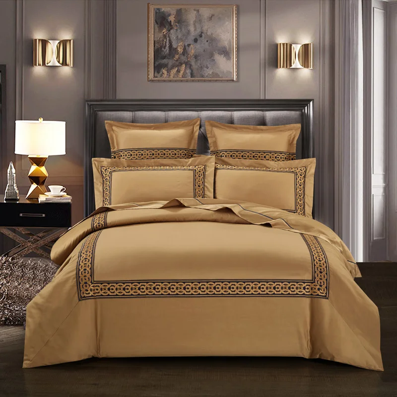 Шикарный комплект постельного белья для дома с вышивкой белого, серого, золотого цвета, Королевский размер 4 шт., стеганое одеяло простыня из египетского хлопка, Комплект подушек