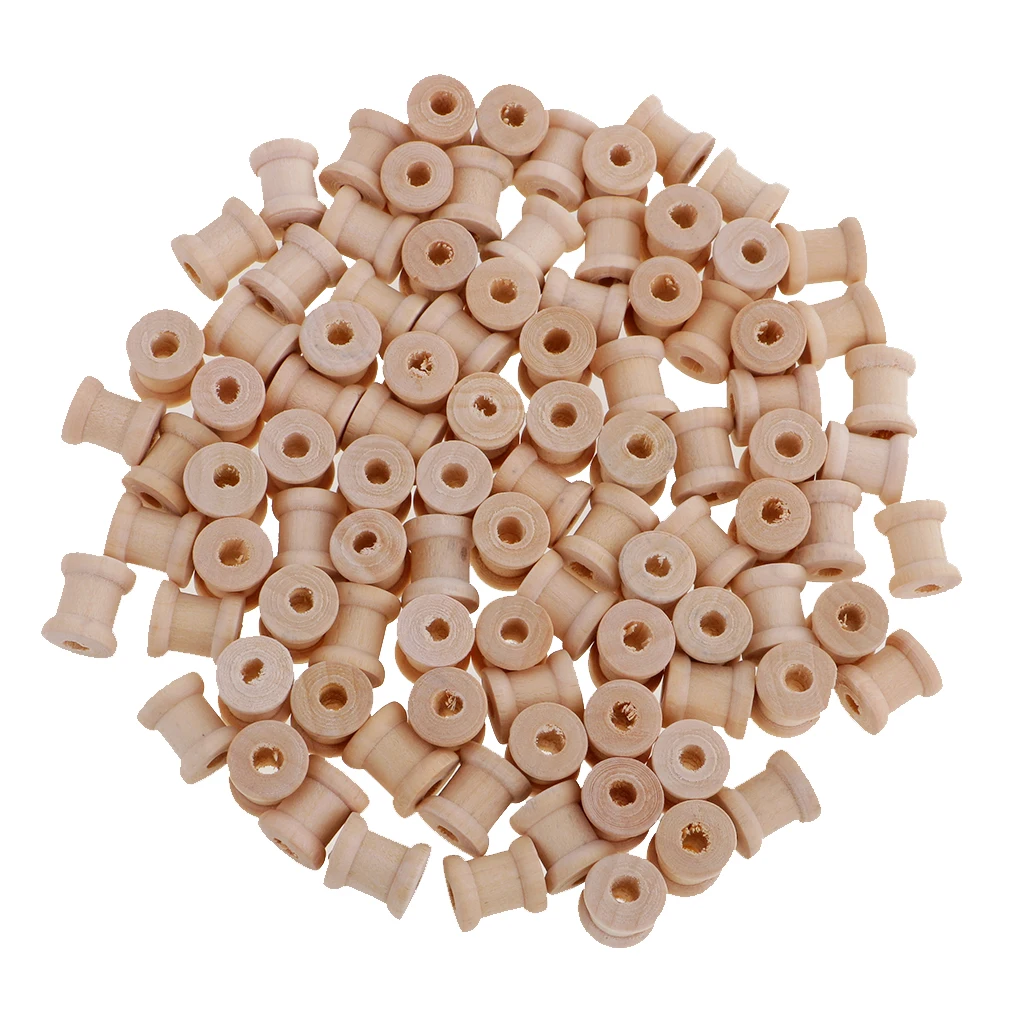 100 Pieces Bulk Unfinished Wooden Spools Thread Bobbins Cord Wire Coils Sewing Notions 14mmX12mm