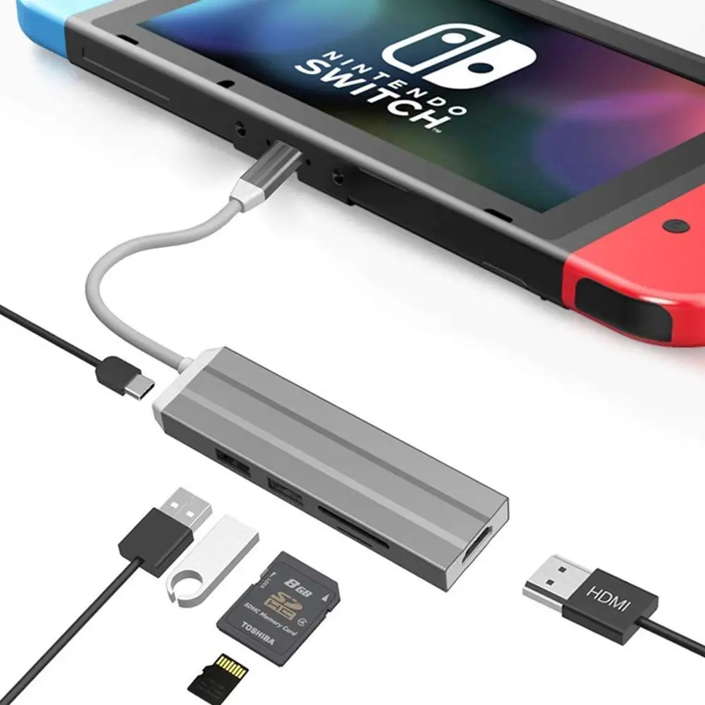 

USB C HUB 6 In 1 4K HDMI PD Charging Port USB3.0 USB2.0 SD/TF Card Reader Type C Adapter for MacBook Huawei P20 Switch