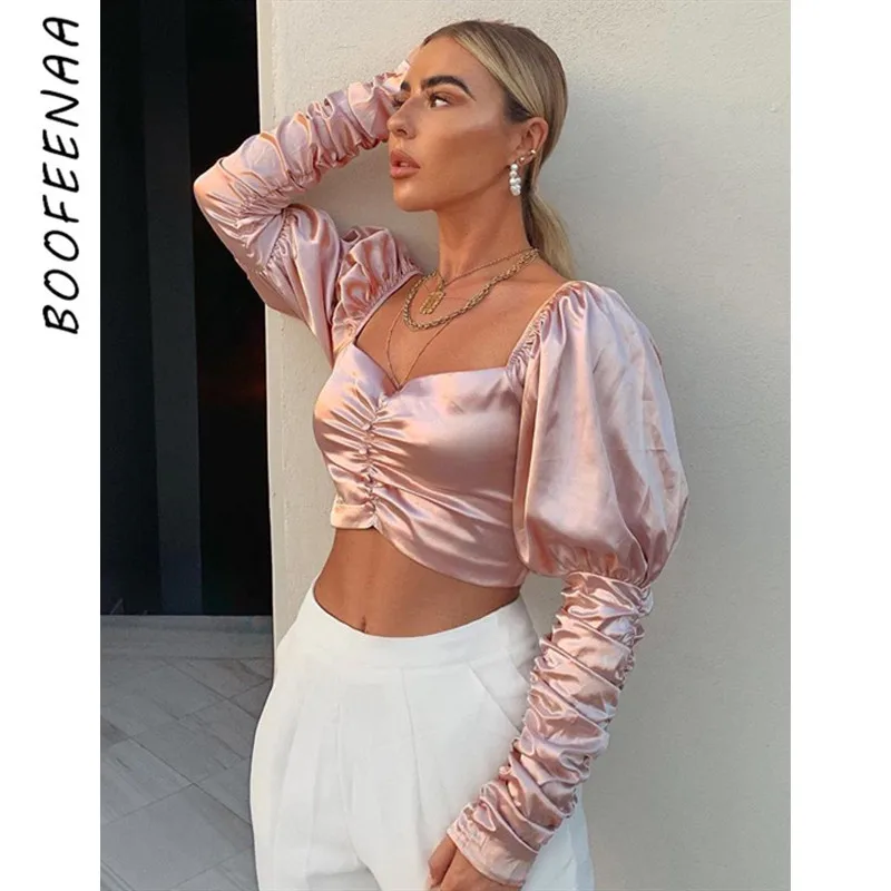 BOOFEENAA сексуальные винтажные Женские топы и блузки атласные с рюшами рукавами