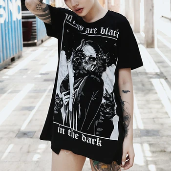 

Women T-Shirt Gothic Cats Print Punk Grunge Short Sleeve Loose Top Tees New Fashion Dark Harajuku Halloween Party T Shirt Female