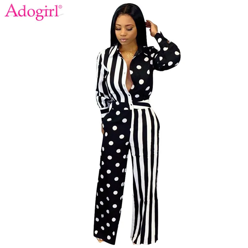 Adogirl Polka Dots Print Stripe Patchwork Loose Jumpsuit Long Sleeve Shirt Top Wide Leg Pants Casual Romper Office Lady Overalls Adogirl Polka Dots Print Stripe Patchwork Loose Jumpsuit Long Sleeve Shirt Top Wide Leg Pants Casual Romper Office Lady Overalls