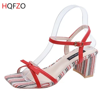 

HQFZO Peep Toe Women Sandals Chunky Heels Strap Gladiator Sandalias Mujer Bowknot Sandalias Office Party Zapatos De Mujer